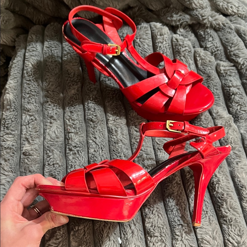 YSL Saint Laurent Red Patent Strappy Platform Heels - Picture 13 of 13